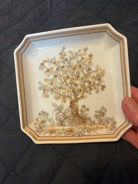 Vintage Kaiser West Germany Floral Tree Ceramic Trinket Dish in Gold and Cream